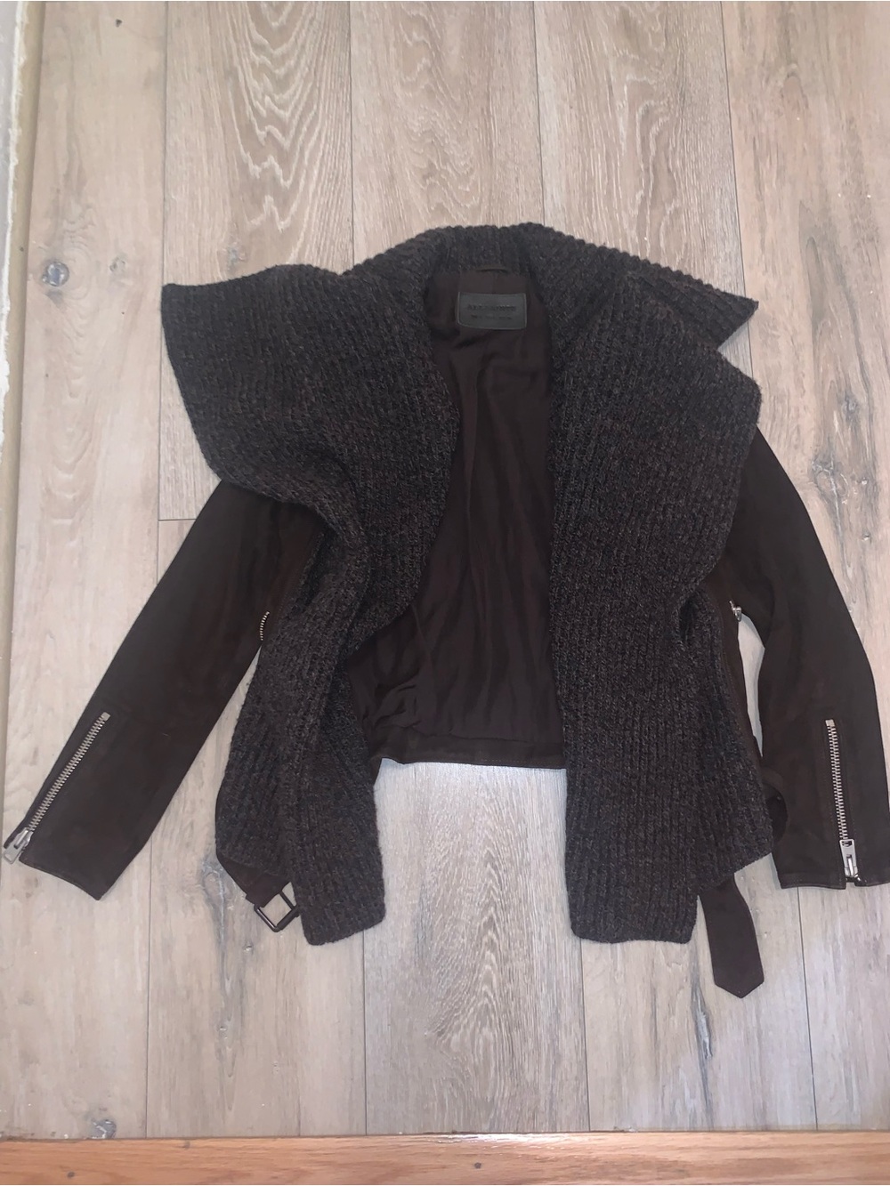 AllSaints Textured Wrap Biker Jacket knit collar Brown Size: 4 US/8 UK/36 EU